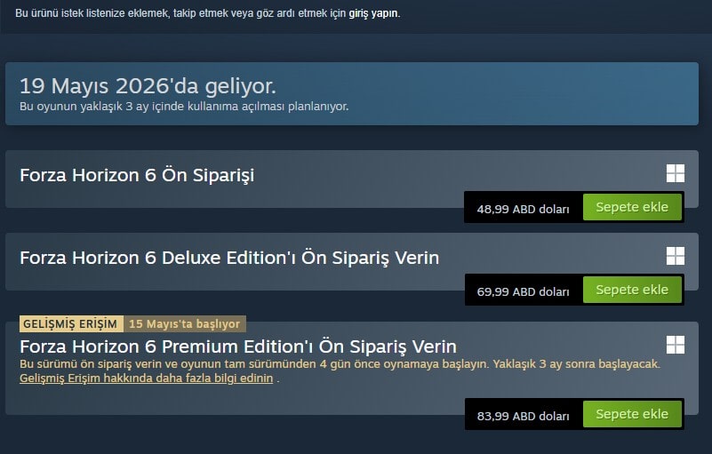 Forza Horizon 6 Steam fiyatı