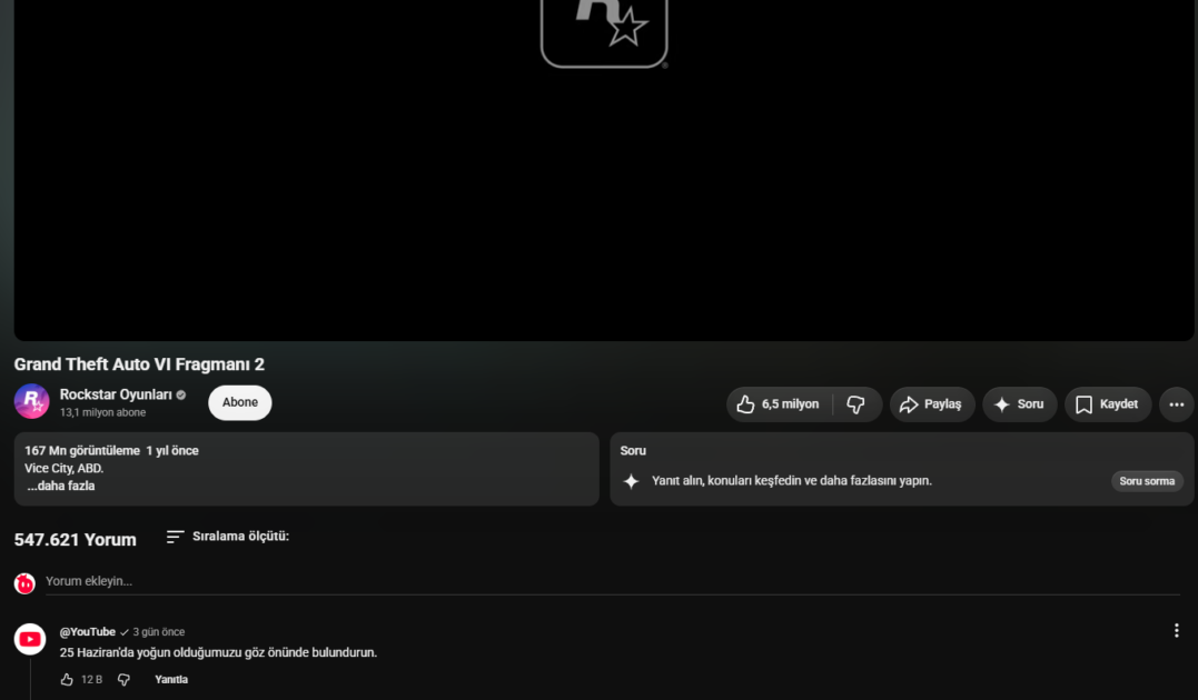 Youtube hesabının yorumu GTA6